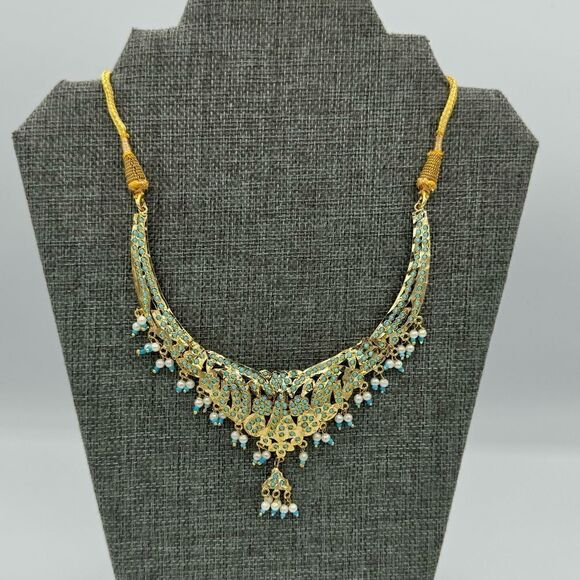 Gold Plated Blue Stone Beaded Rajasthani Kundan Bridal Necklace - Picture 1 of 13